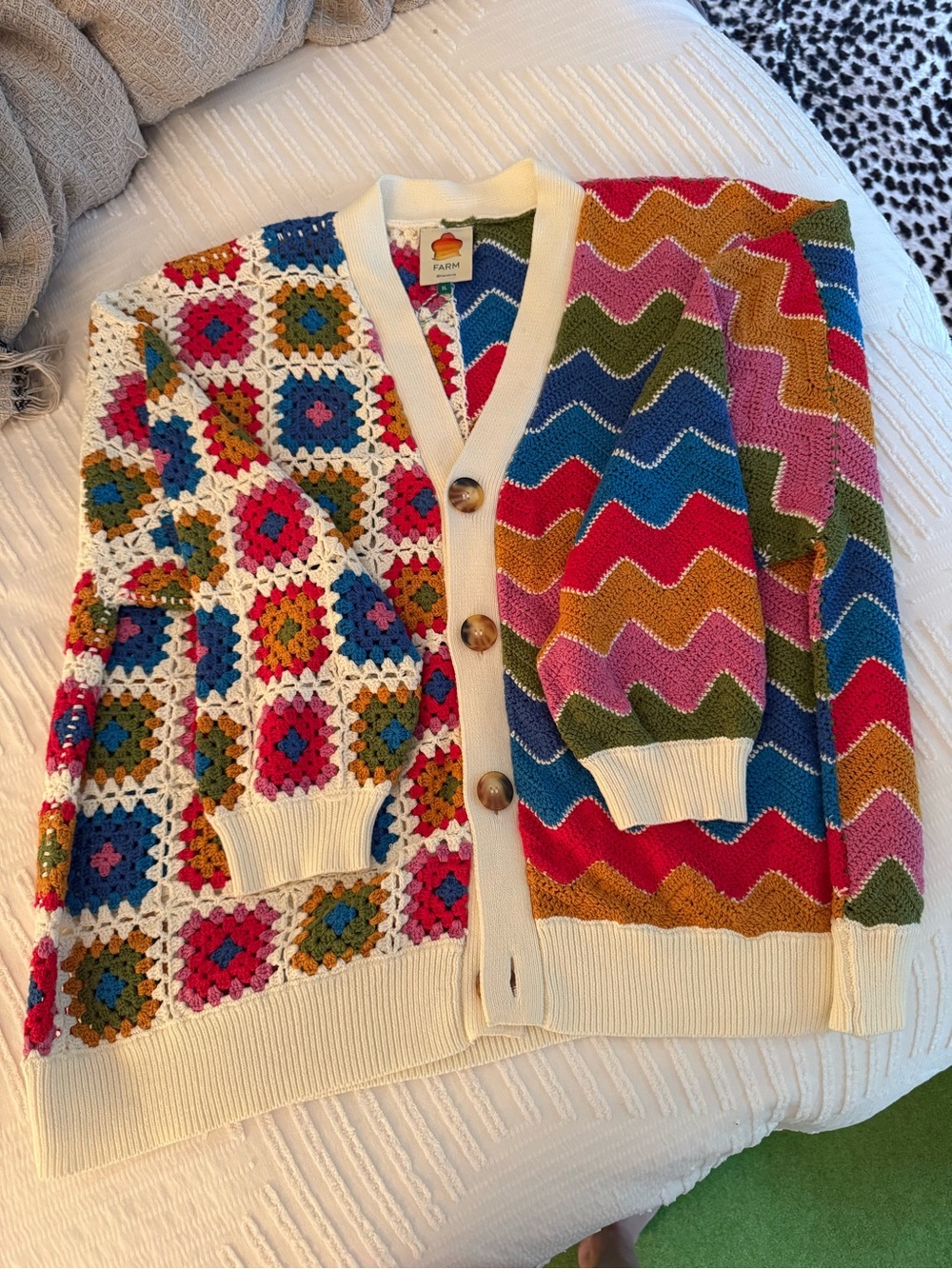 FARM Rio Multicolor Crochet & Zigzag Knit Cardigan with Cream Trim - Picture 1 of 5